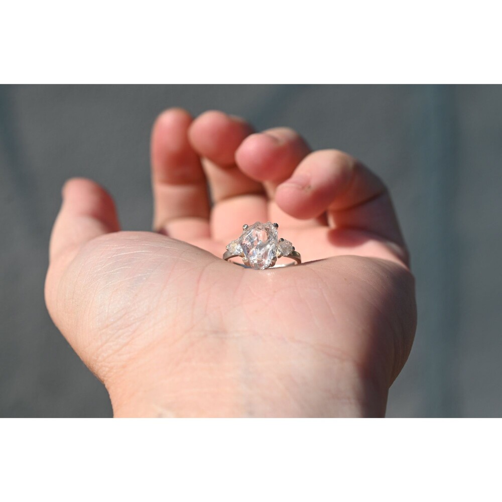 Raw Three Diamond Engagement Ring Rough Diamond Ring Sterling Silver Wedding Rin
